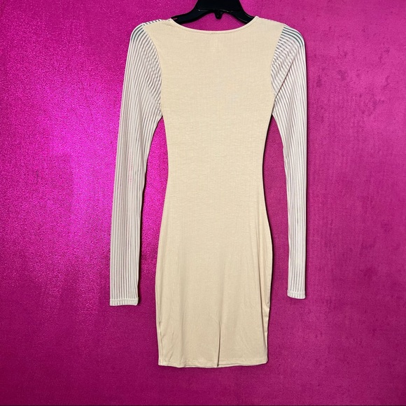SOLD/Nude Mesh Sleeve Detail Dress with Diamond Brooch Ribbed Bodycon Dress - Picture 15 of 16